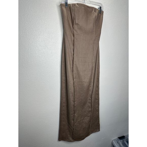 All Row Taupe Strapless Raw Pleat Front Design Back Zip Maxi Dress S - Picture 1 of 12